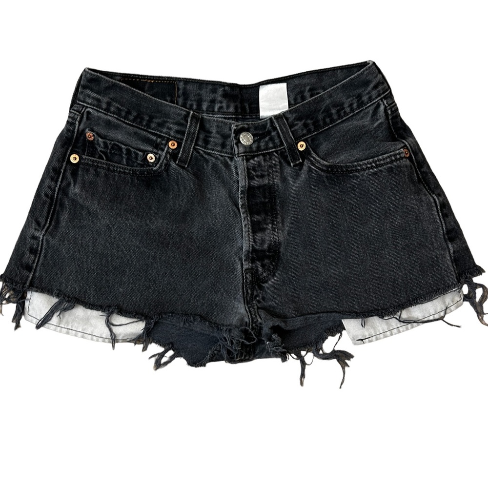 Vintage Levi’s 501 Buttonfly Red Tab Women’s Faded Black Raw Hem Wedgie Shorts